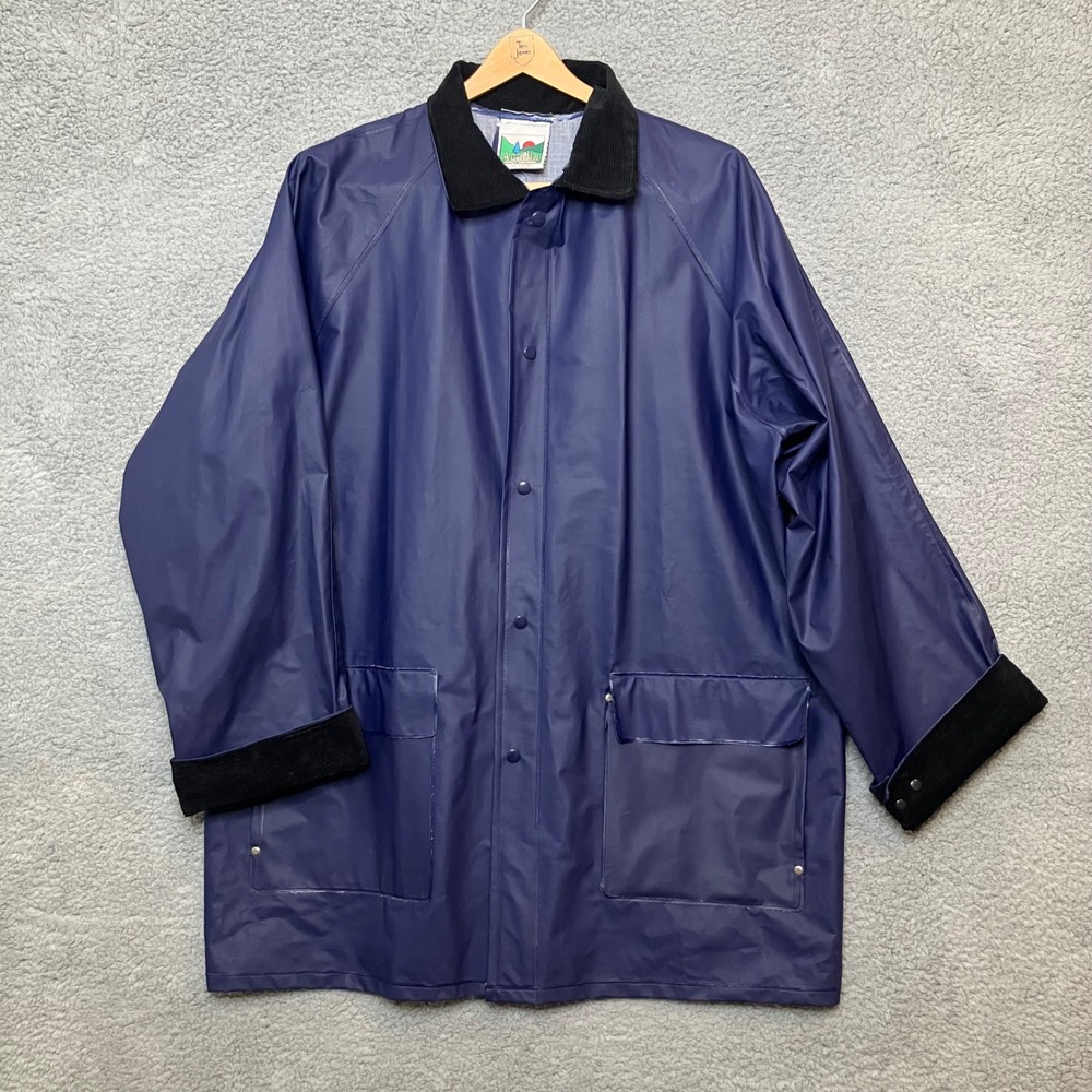 VTG Acadia Rain Jacket Unisex XL Navy 100% PVC Slicker Corduroy Collar Raincoat